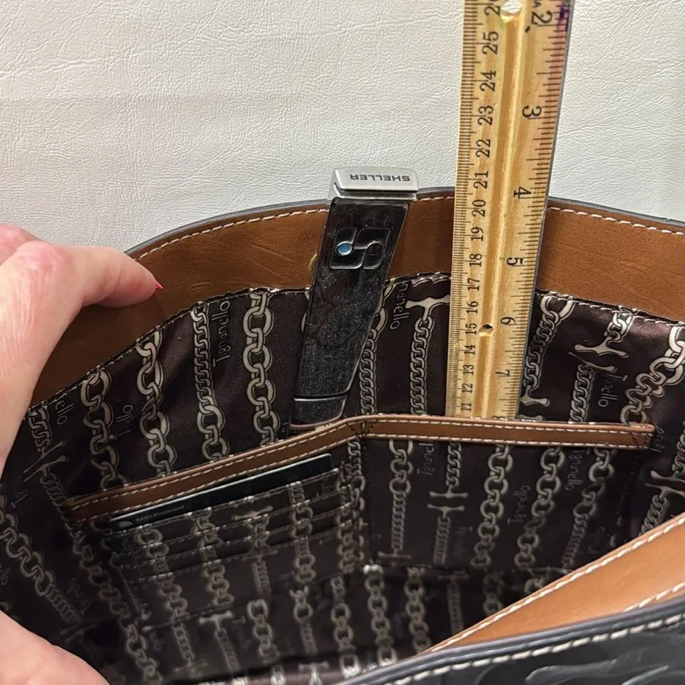 Tignanello Black Leather Brown Palm Leaf Embossed Hobo Purse Tote New No Tags